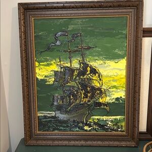 Ship painting on board green theme 
20x24 inch wood frame 
Excellent condition